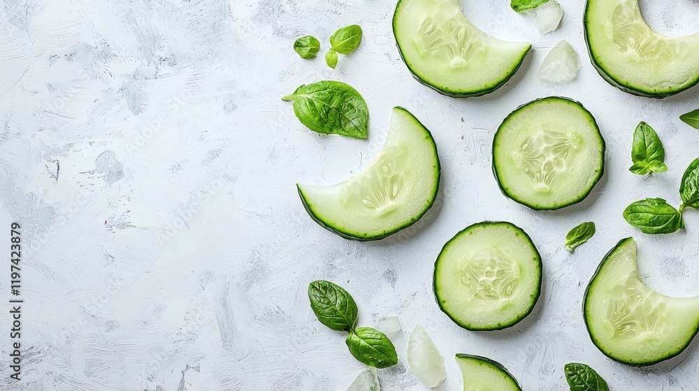 Aufkleber Isolated on white background multiple cucumbers arranged in a semi-circle for an artistic display Stock Photo with side copy space