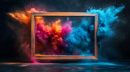 Explosive colorful smoke art inside wooden frame studio digital artwork