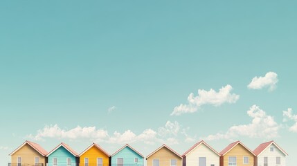 Charming row of pastel-colored houses under a serene blue sky with fluffy white clouds, featuring a quaint wooden home and ample copyspace for text.