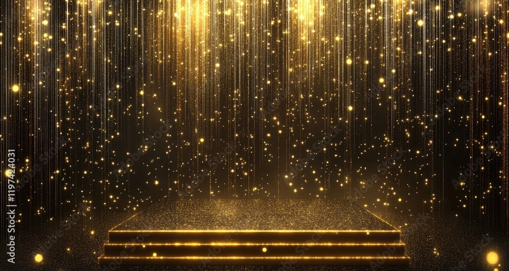 Poster abstract empty stage with golden light and podium for product presentation on a black background, ve