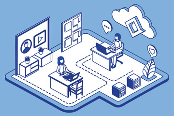 Isometric office workspace, digital collaboration, floating social media icons, blue and white color scheme, miniature people working, connected platforms, futuristic workspace design, 3D illustration