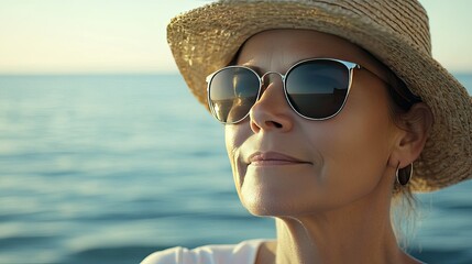 Classic seaside Woman in her s, wearing a straw hat and sunglasses, serene blue ocean view behind her, summer escape ambiance