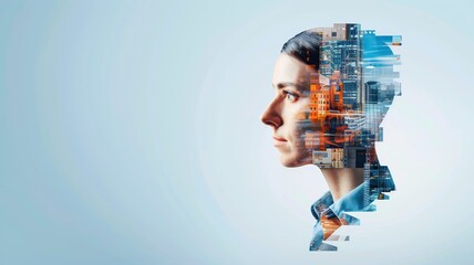 A digital double exposure of a person’s profile blended with urban cityscape elements, symbolizing innovation and technology.