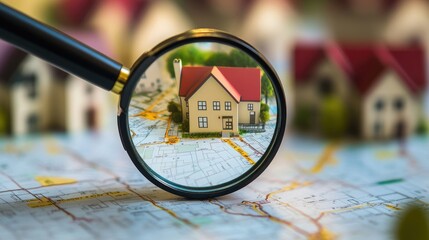 A close-up of a magnifying glass over a neighborhood map, representing the search for a home