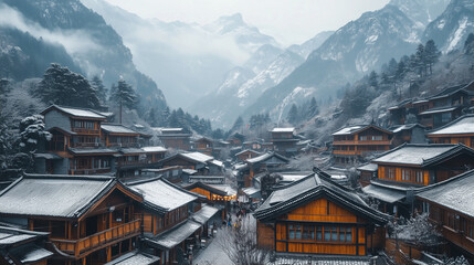 Snow-covered mountains framing a small village with traditional Chinese architecture, traditional dance, photo style