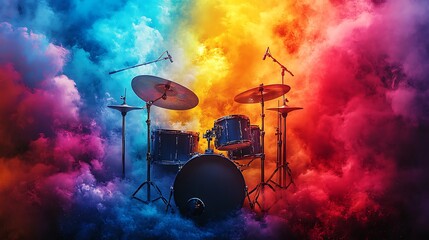 Drumming action in colorful clouds music studio digital art vibrant view