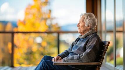 Fototapeta premium An elderly person sits peacefully on a porch, surrounded by vibrant autumn foliage and a serene landscape in the background.