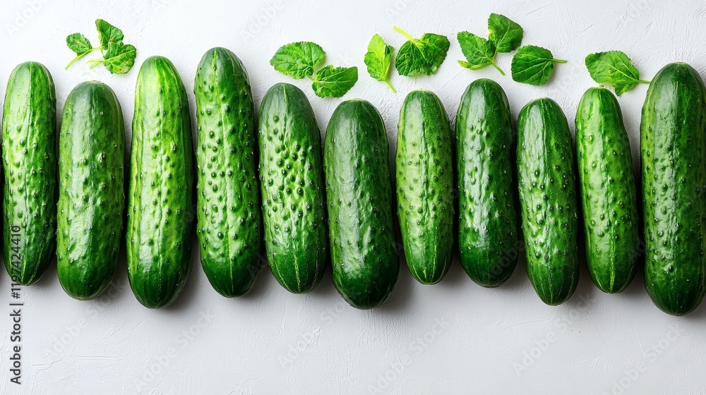Poster Isolated on white background a selection of cucumbers placed in a straight row emphasizing uniformity Stock Photo with side copy space