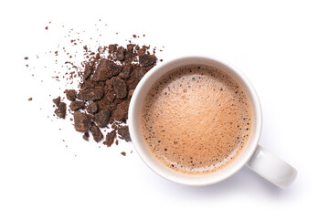 Cup of hot chocolate drink with chocolate pieces and powder isolated on white background. Top view. Flat lay.