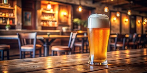 A glass of frothy draft beer on a wooden table in a cozy pub setting, foam, beers