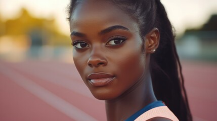 African American female sprinter posed at the starting line of an outdoor stadium track during golden hour with vibrant warm tones and clear copyspace.