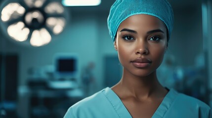 African American female nurse wearing blue scrubs and surgical cap with a blurred operating room background and empty space for text placement