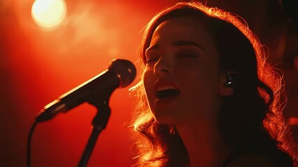 woman singer singing with microphone in red light on the stage