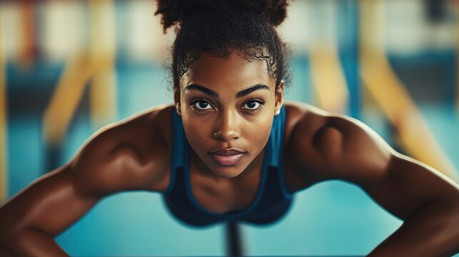 African American gymnast in blue athletic wear focused on parallel bars from a front view with soft background and ample copyspace for text placement