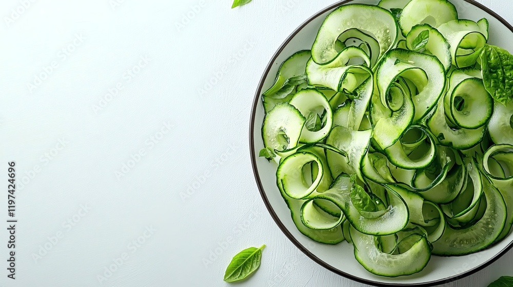 Poster Isolated on white background a cucumber spiralized into thin ribbons placed neatly on a plate Stock Photo with side copy space