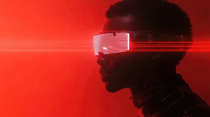 African American man wearing futuristic VR headset in striking red lighting against minimalist backdrop with ample copyspace for text placement