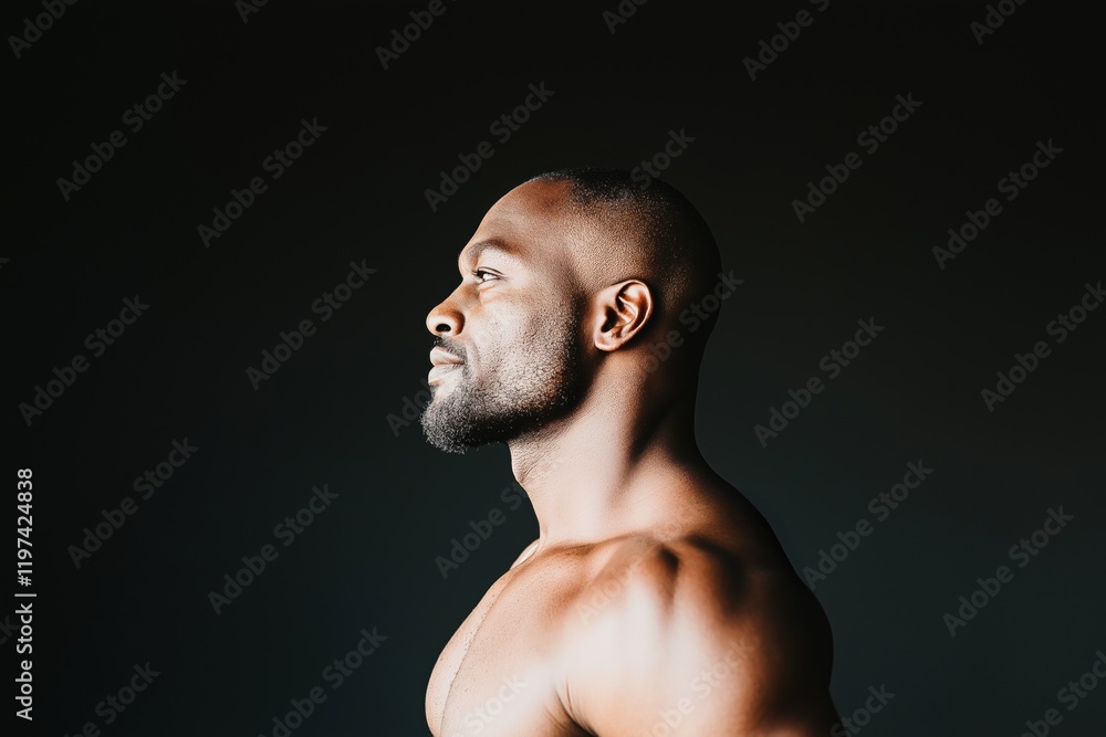 Poster a man with a shaved head and a beard is standing in front of a black background. he is wearing a shi