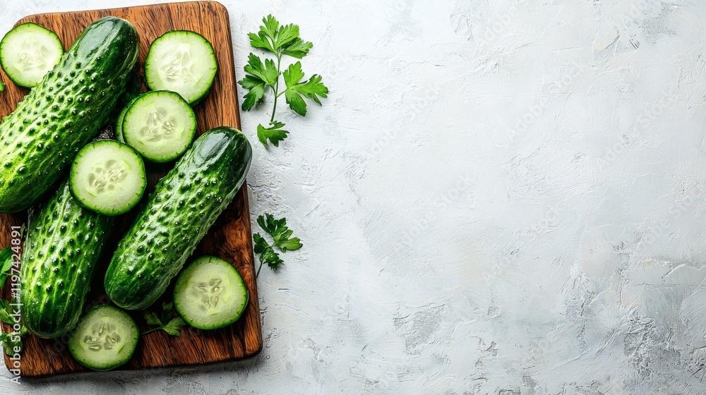 Poster Isolated on white background a collection of cucumbers and their slices arranged on a cutting board Stock Photo with side copy space