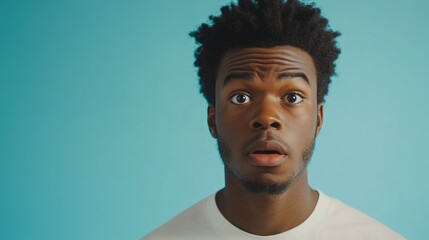 Obraz premium African American man with short curly hair expresses surprise while looking at the camera against a vibrant blue background with empty copyspace for text placement
