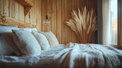 Warm wooden bedroom featuring natural fabrics and minimalist decor, soft lighting, and decorative dried plants in contemporary loft style.