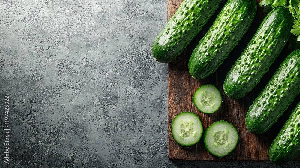 Poster Isolated on white background a collection of cucumbers and their slices arranged on a cutting board Stock Photo with side copy space