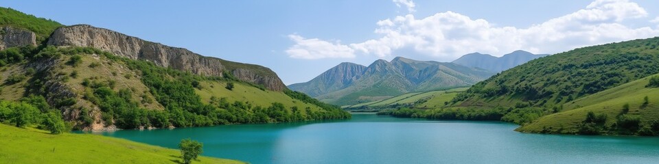 A beautiful mountain range with a river running through it. The water is clear and calm, and the mountains are covered in lush green trees. The scene is peaceful and serene