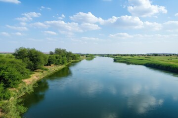 Obraz premium A river with a cloudy sky in the background. The water is calm and clear. The sky is mostly cloudy, but there are some patches of blue sky. The trees along the riverbank are lush and green