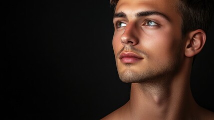 Vibrant studio portrait of young male model with clear skin and piercing blue eyes against black backdrop, ideal for skincare beauty advertisement, ample text space.