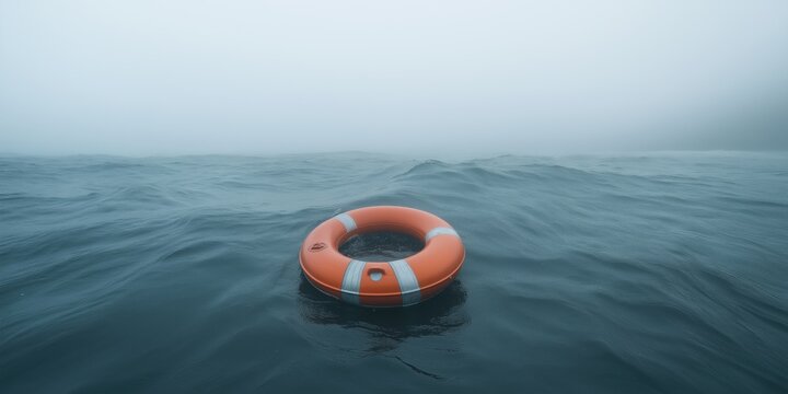 A life preserver is floating in the ocean. The water is choppy and the sky is cloudy