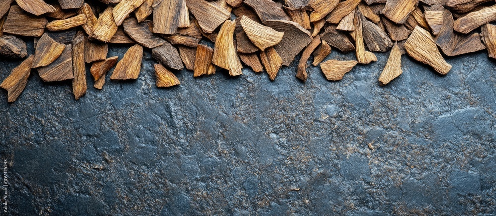 Poster wood chips arranged on dark stone surface with textured background and copy space for design use