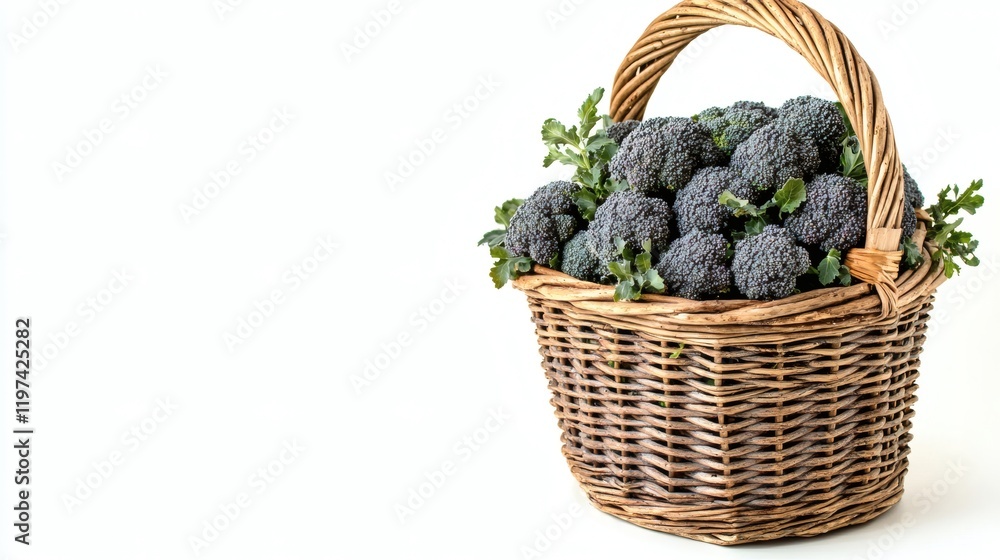 Poster Isolated on white background a cluster of broccoli heads neatly arranged in a wicker basket Stock Photo with side copy space