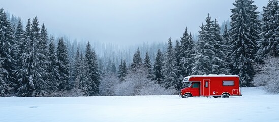 Naklejka premium Red truck with trailer parked in snowy forest landscape surrounded by evergreen trees in winter mountains ready for adventurous camping trip during Christmas holidays