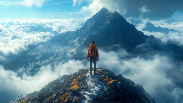 A serene mountain view with a lone hiker standing on a rocky peak amidst the clouds, exuding exploration and adventure