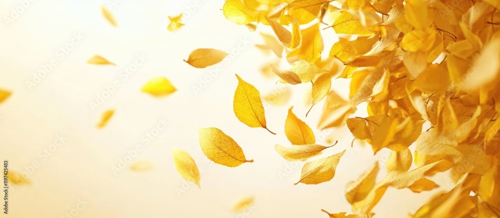 Poster yellow autumn leaves falling against a soft blurred background with copy space for text