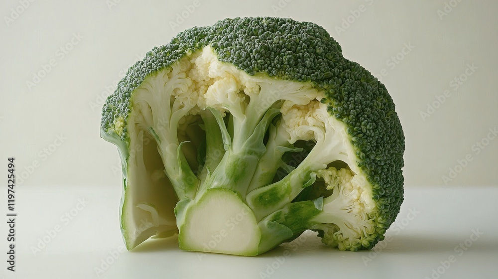 Poster isolated on white background a broccoli head cut in half showcasing its dense internal florets stock