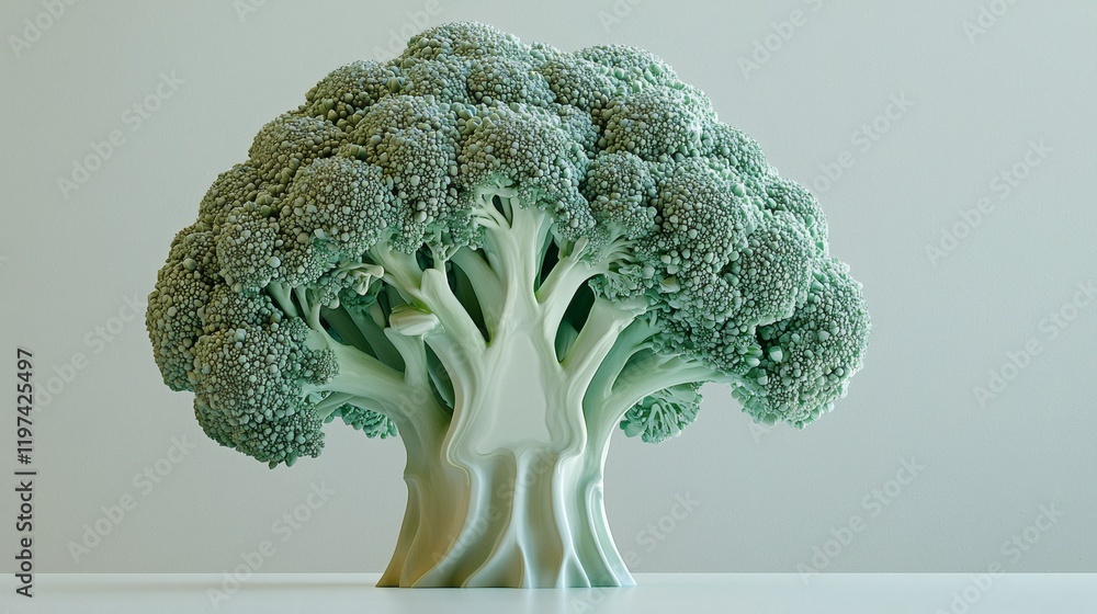 Poster isolated on white background a broccoli head cut in half showcasing its dense internal florets stock
