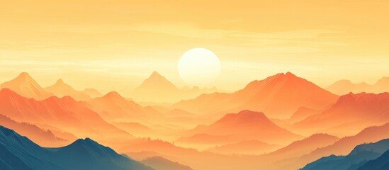 Fototapeta premium Mountain landscape at sunrise with layered hills in warm color tones and soft clouds Copy Space