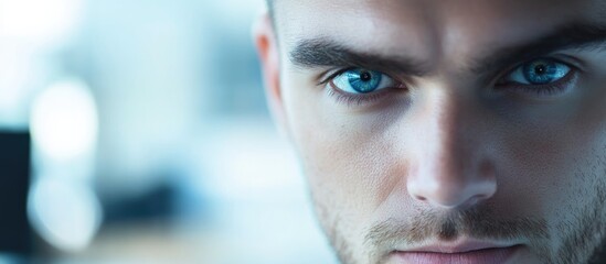 Close-up portrait of a man with blue eyes and intense expression in a modern indoor setting with Copy Space