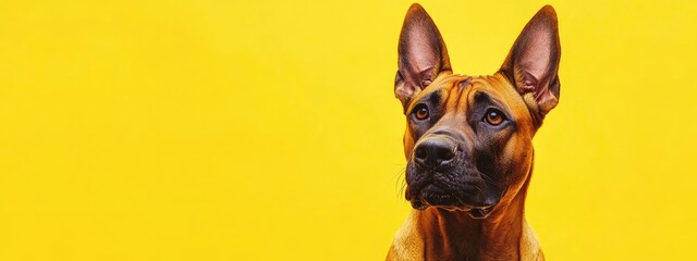 Obraz premium Festive Dog Portrait on Vibrant Yellow Background Ideal for New Year Celebration Greeting Cards with Copy Space for Customized Messages