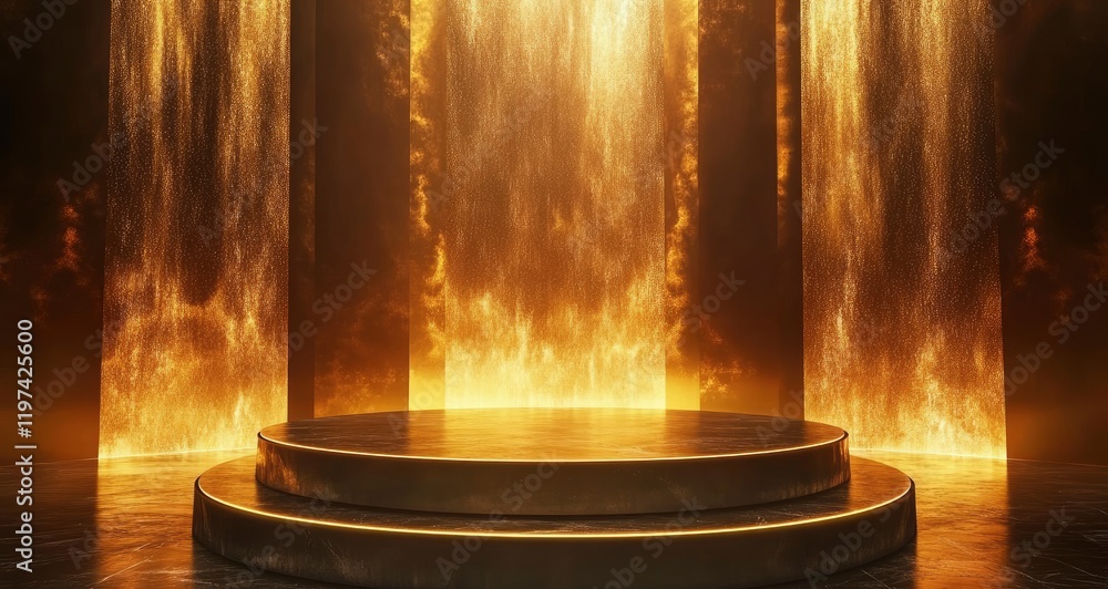 Poster abstract empty stage with golden light and podium for product presentation on a black background, ve