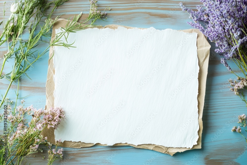 Poster Empty mock up space for handwritten notes surrounded by fresh flowers on a blue wooden surface. Generative AI