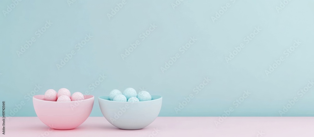 Poster pastel colored bowls with decorative balls on a light background with ample copy space for text plac