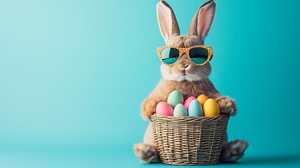 Playful bunny with sunglasses and easter eggs studio digital art cheerful