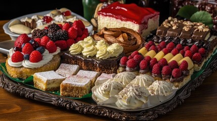 Fototapeta premium Colorful Assorted Desserts and Savory Entrees Displayed on a Vintage Decorative Tray Surrounded by Fresh Berries and Creamy Delights