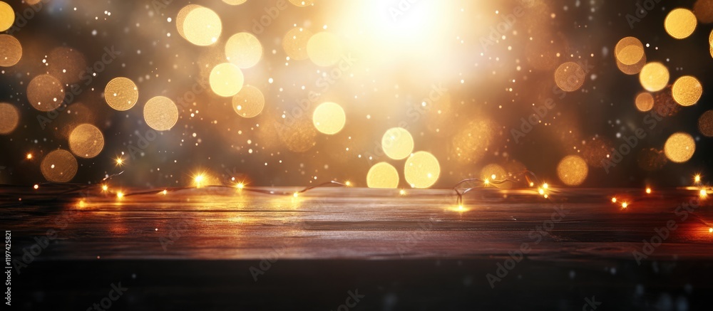 Poster golden bokeh lights on a dark background with a wooden surface and copy space for text inclusion
