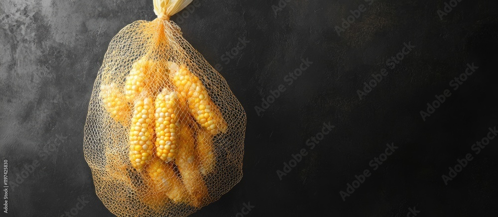 Poster fresh corn on the cob in a yellow mesh bag against a dark background with copy space for text placem