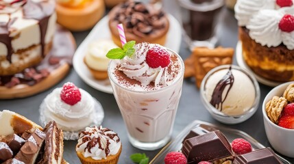 Festive Dinner Table Displaying Assorted Desserts in Vibrant Colors Including Cakes Pastries Chocolates Ice Cream and Refreshing Drinks