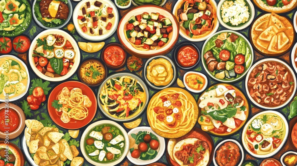 Poster vibrant array of assorted dishes on rustic wooden table with green garnishes and colorful ingredient