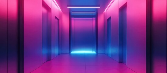 Futuristic Elevator Hallway with Programmable Doors in Neon Pink and Blue Lighting Featuring Spacious Blank Area for Text