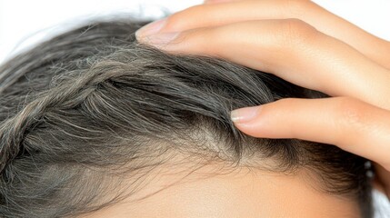 Fototapeta premium Cropped view of a young woman scratching her scalp with her fingers, isolated on a white background, concept of scalp itching and discomfort.